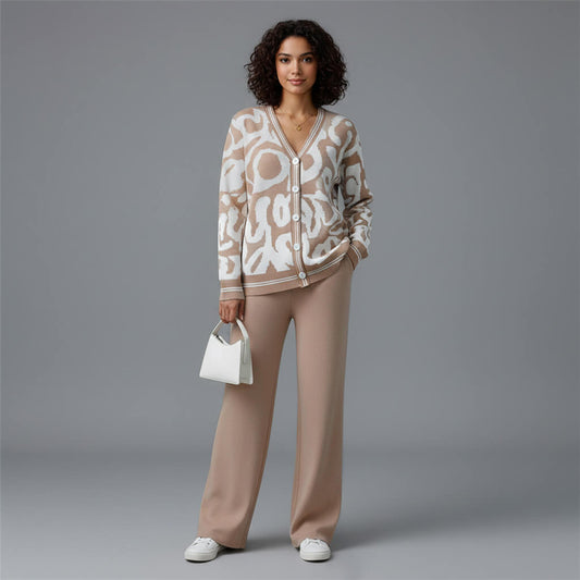 Abstract Knit Cardigan & Wide‑Leg Lounge Co‑ord