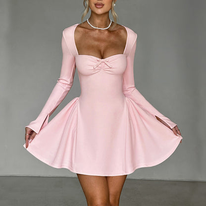 Retro Scoop Neck Long-Sleeve Mini Dress – Casual Party Look (Colorful)