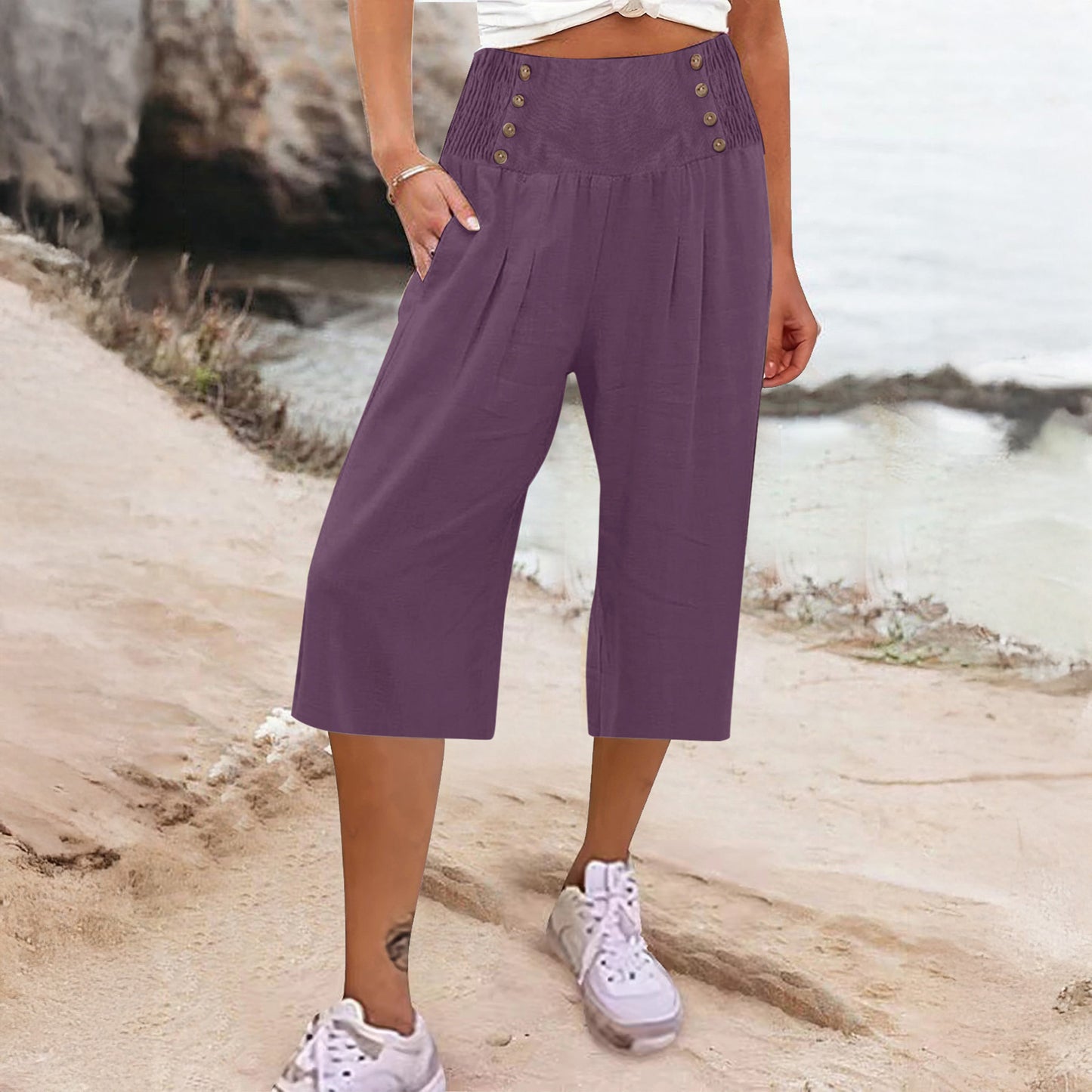 Casual Women's Button-Up Cotton Linen Short Cropped Trousers
