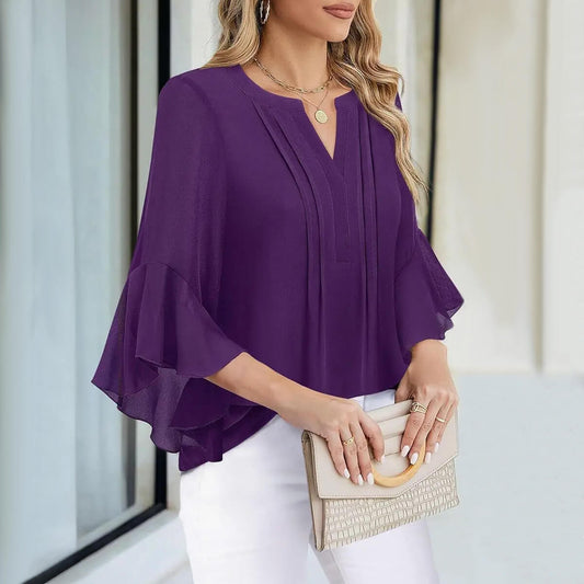 Lotus Leaf 34 Sleeve Top Solid Color Fashion (Cool colors)