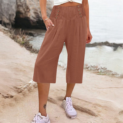 Casual Women's Button-Up Cotton Linen Short Cropped Trousers