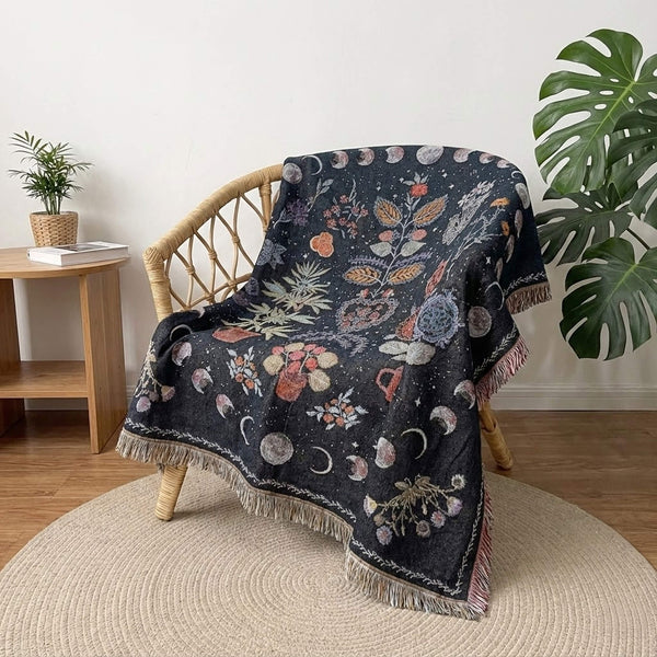 Boho Woven Throw for Sofa or Wall Hanging — Midnight Lunar Garden