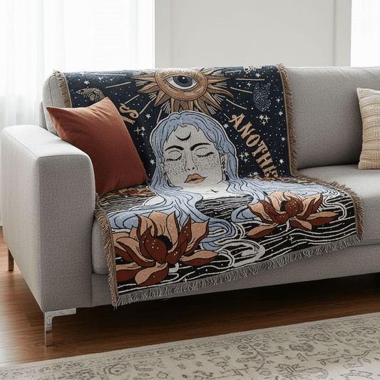 Boho Woven Throw for Sofa or Wall Hanging — Mystic Goddess Mantra
