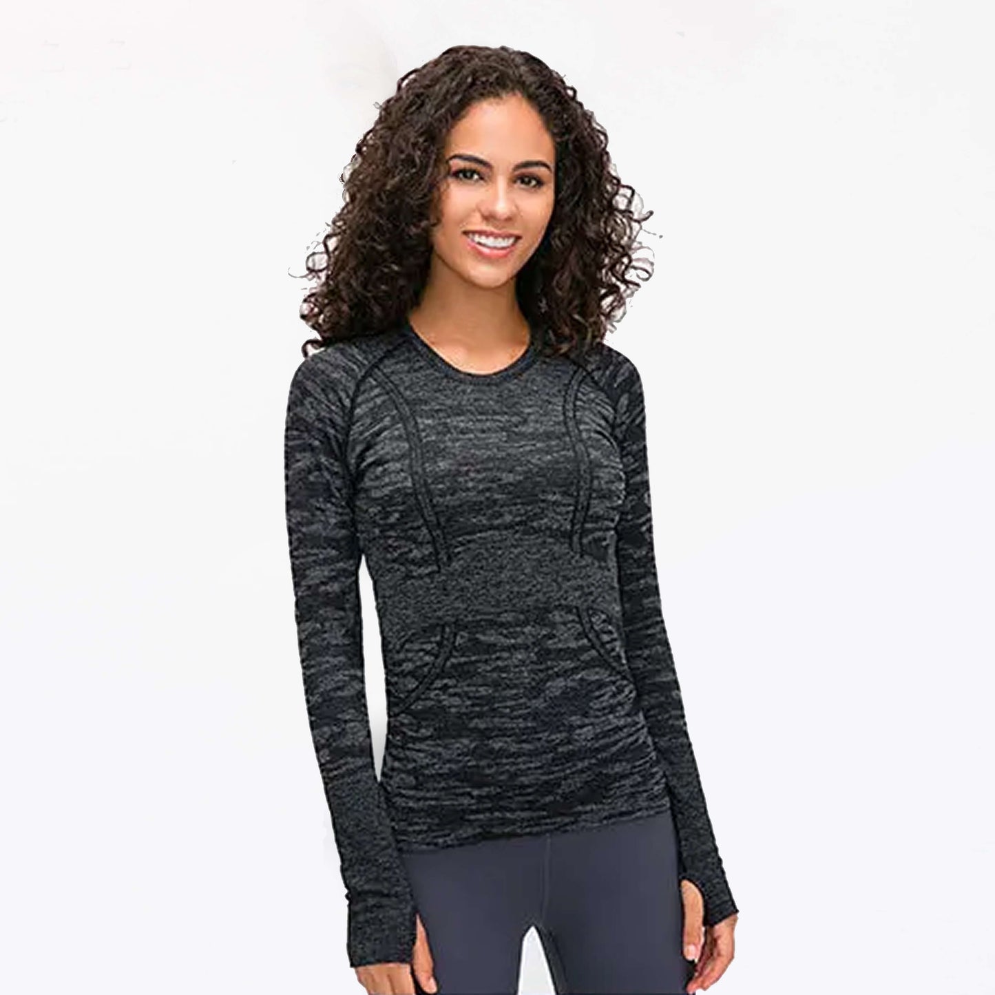 [Tops > Long sleeve] Ladies' Lightweight Flexible Tight-fit Workout Shirt (Grayscale)