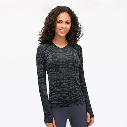 [Tops > Long sleeve] Ladies' Lightweight Flexible Tight-fit Workout Shirt (Grayscale)