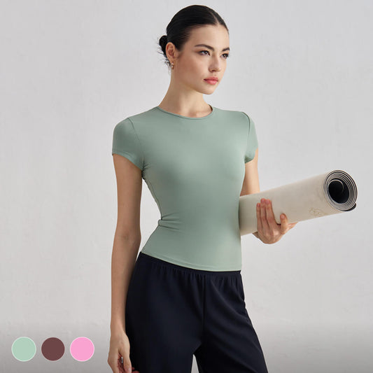 [Tops > T-shirt] Short sleeved waist slim-fit breathable yoga T-shirt (Colorful)