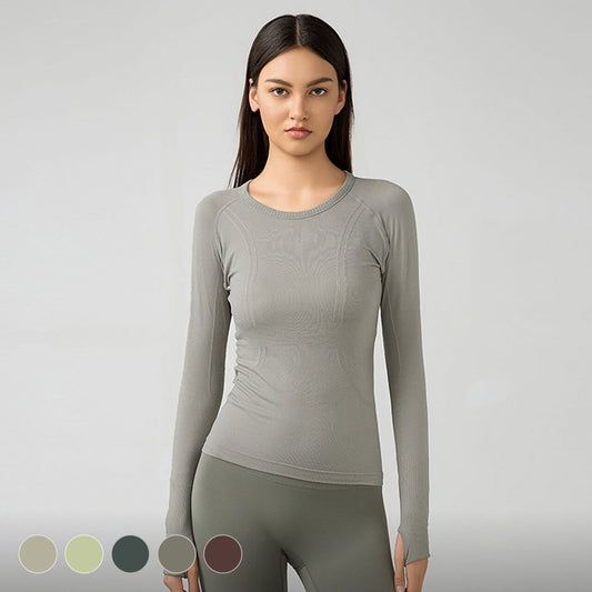 [Tops > Long sleeve] Ladies' Lightweight Flexible Tight-fit Workout Shirt (Green&Brown)