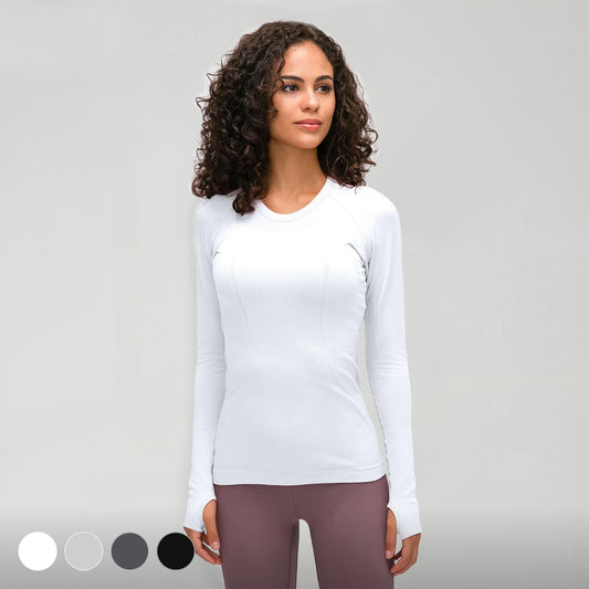[Tops > Long sleeve] Ladies' Lightweight Flexible Tight-fit Workout Shirt (Grayscale)