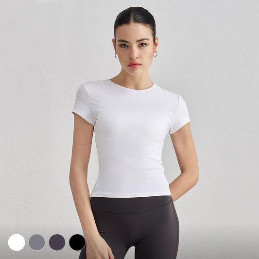 [Tops > T-shirt] Short sleeved waist slim-fit breathable yoga T-shirt (Grayscale)
