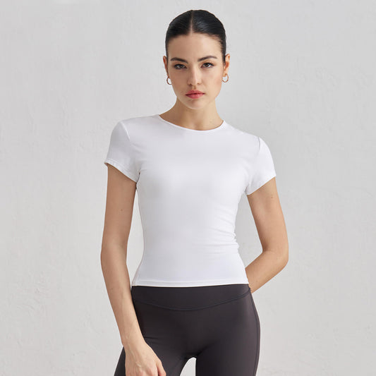 [Tops > T-shirt] Short sleeved waist slim-fit breathable yoga T-shirt (Grayscale)