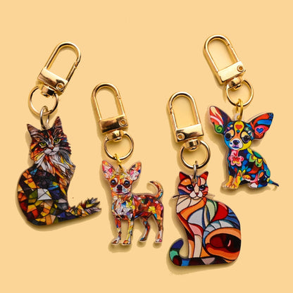 Vibrant Mosaic Style Cat & Dog Keyring