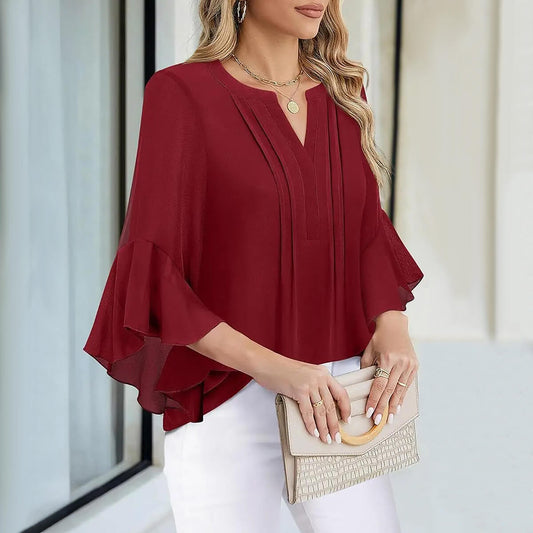 Lotus Leaf 34 Sleeve Top Solid Color Fashion (Warm colors)